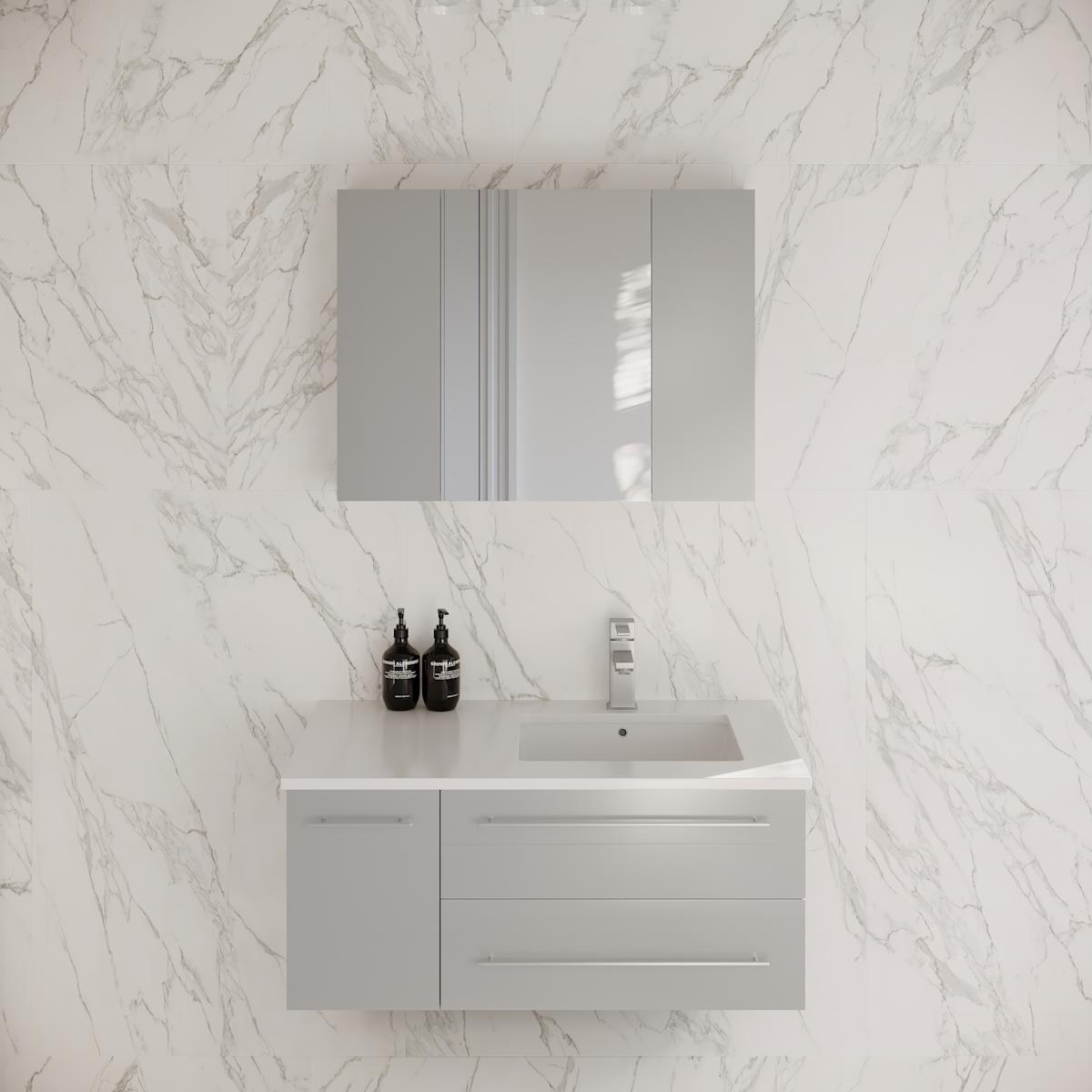 Lucera 36" Wall Mounted Single Basin Vanity Set with Cabinet, Quartz Vanity Top, Medicine Cabinet, and Right Offset Rectangular Sink