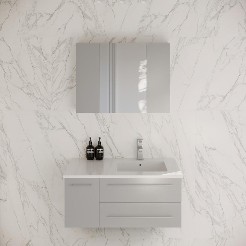 Lucera 36" Wall Mounted Single Basin Vanity Set with Cabinet, Quartz Vanity Top, Medicine Cabinet, and Right Offset Rectangular Sink - image 1