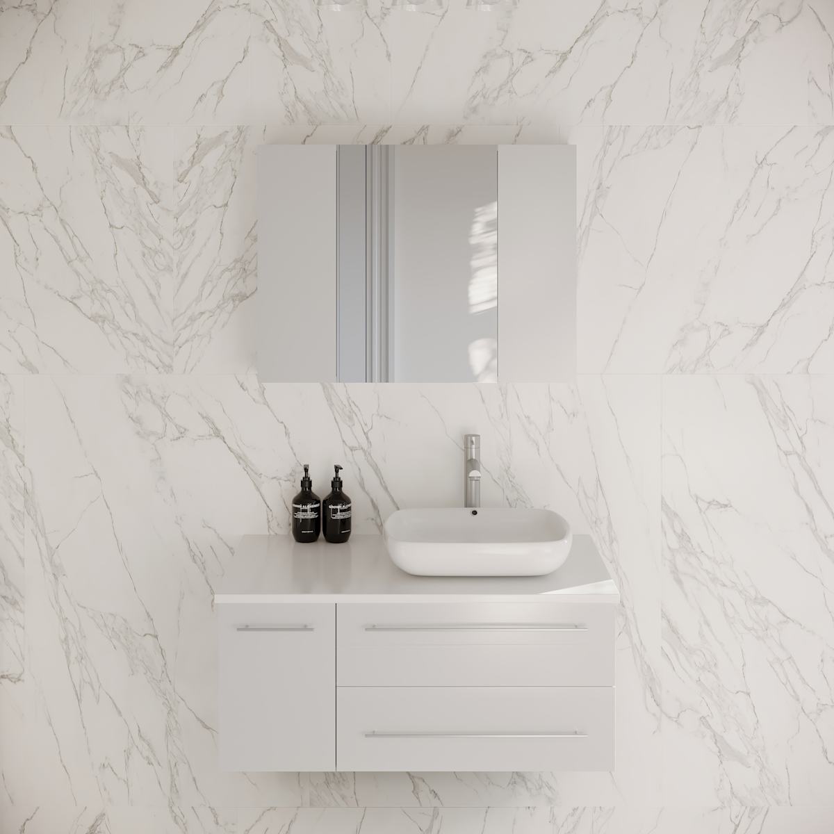 Lucera 36" Wall Mounted Single Basin Vanity Set with Cabinet, Quartz Vanity Top, Medicine Cabinet, and Right Offset Rectangular Vessel Sink - image 1