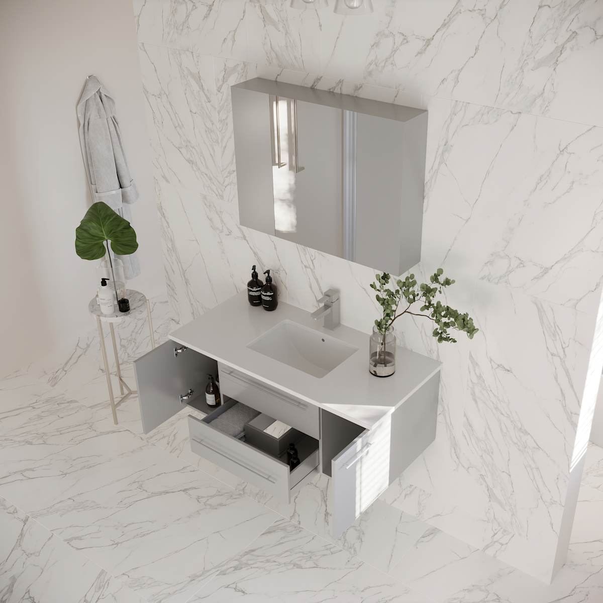 Lucera 42" Wall Mounted Single Basin Vanity Set with Cabinet, Quartz Vanity Top, and Mirrored Medicine Cabinet
