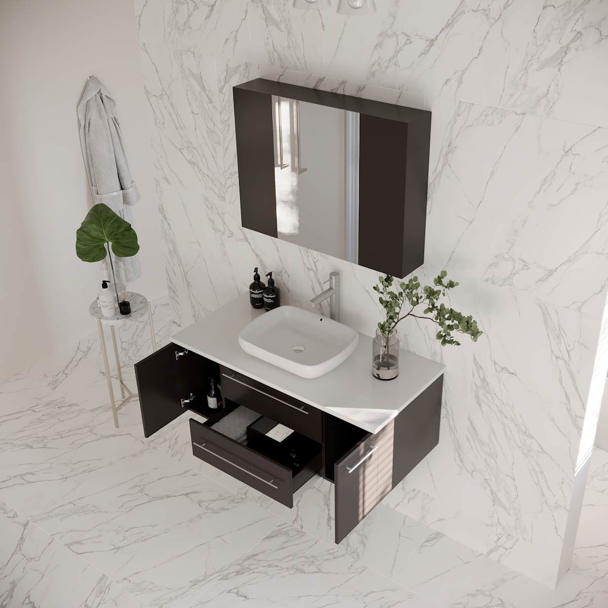 Lucera 42" Wall Mounted Single Basin Vanity Set with Cabinet, Quartz Vanity Top, and Medicine Cabinet