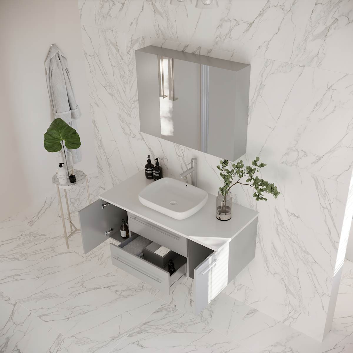 Lucera 42" Wall Mounted Single Basin Vanity Set with Cabinet, Quartz Vanity Top, and Medicine Cabinet