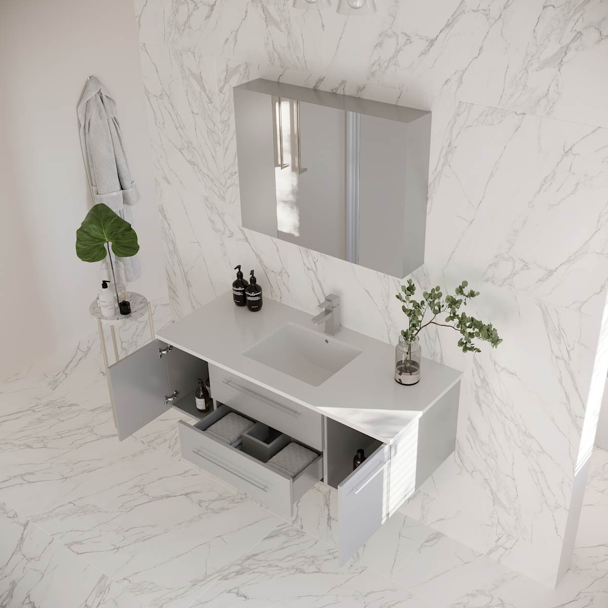 Lucera 48" Wall Mounted Single Basin Vanity Set with Cabinet, Quartz Vanity Top, and Medicine Cabinet