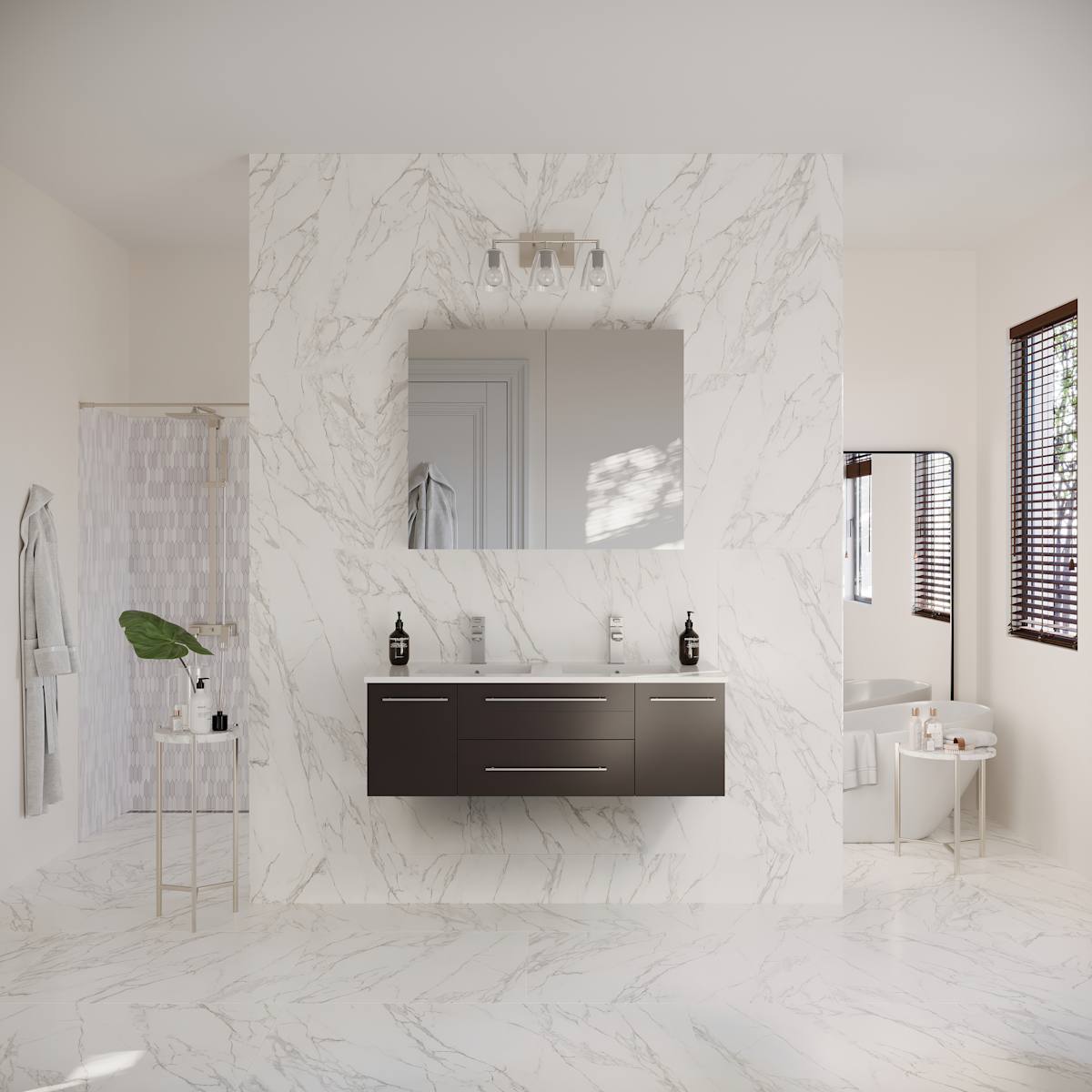 Lucera 48" Wall Mounted Double Basin Vanity Set with Cabinet, Quartz Vanity Top, and Medicine Cabinet