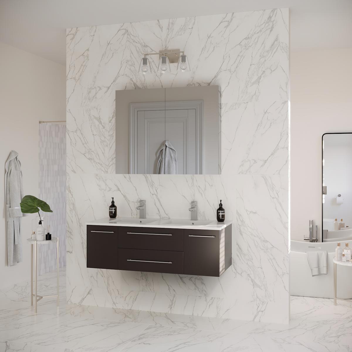 Lucera 48" Wall Mounted Double Basin Vanity Set with Cabinet, Quartz Vanity Top, and Medicine Cabinet