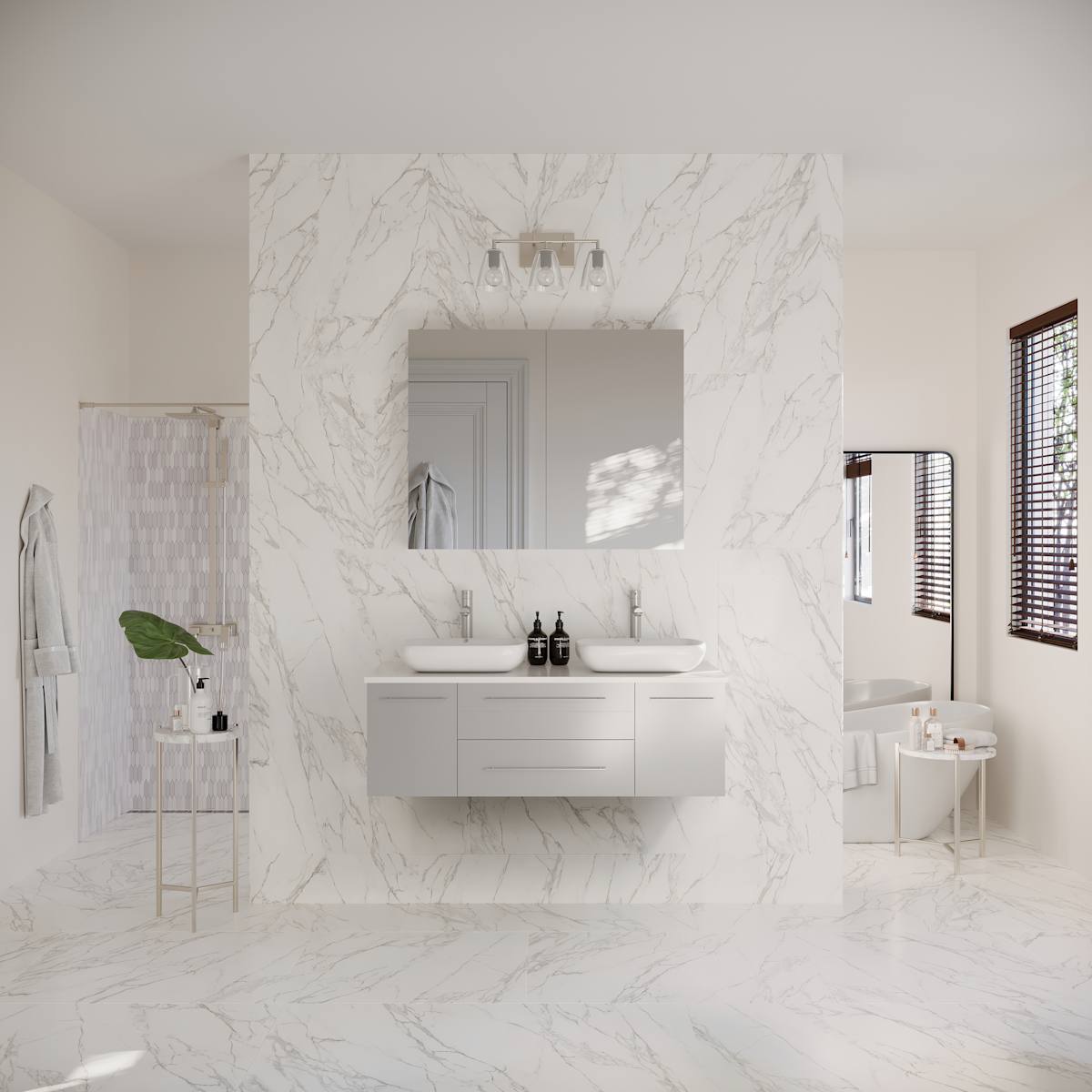 Lucera 48" Wall Mounted Double Basin Vanity Set with Cabinet, Quartz Vanity Top, and Medicine Cabinet