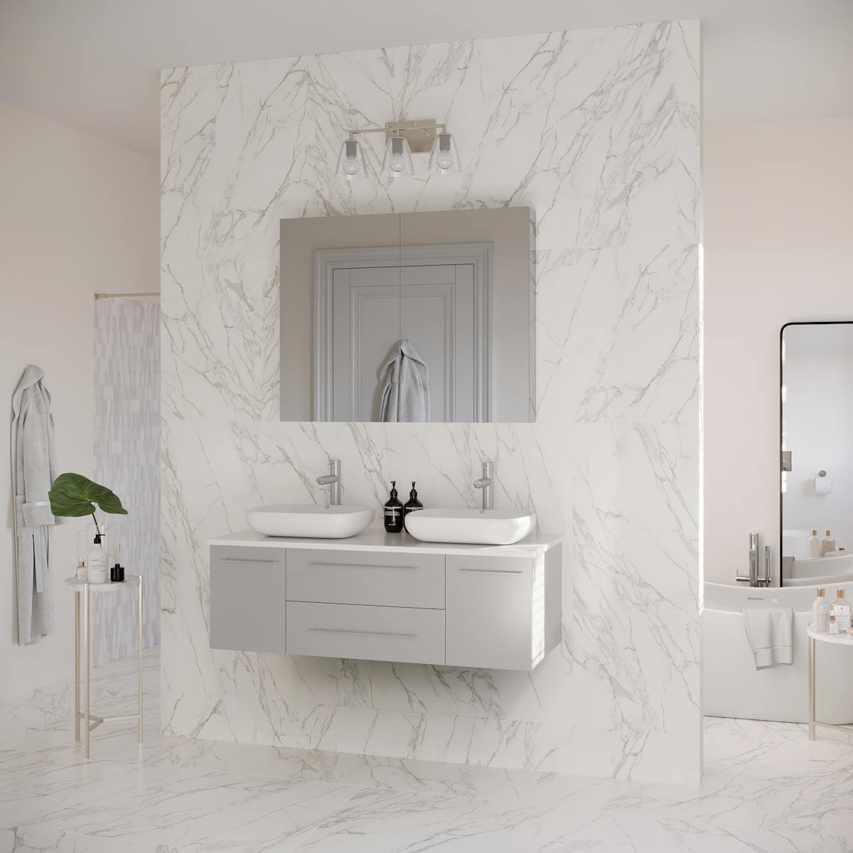 Lucera 48" Wall Mounted Double Basin Vanity Set with Cabinet, Quartz Vanity Top, and Medicine Cabinet