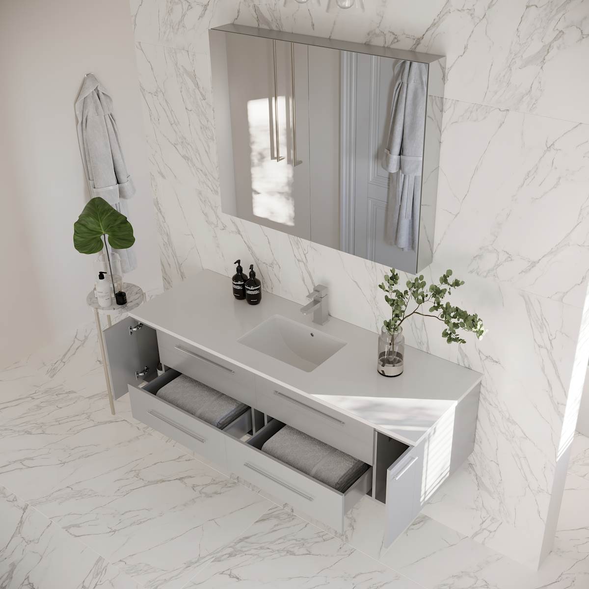 Lucera 60" Wall Mounted Single Basin Vanity Set with Cabinet, Quartz Vanity Top, and Medicine Cabinet - image 6