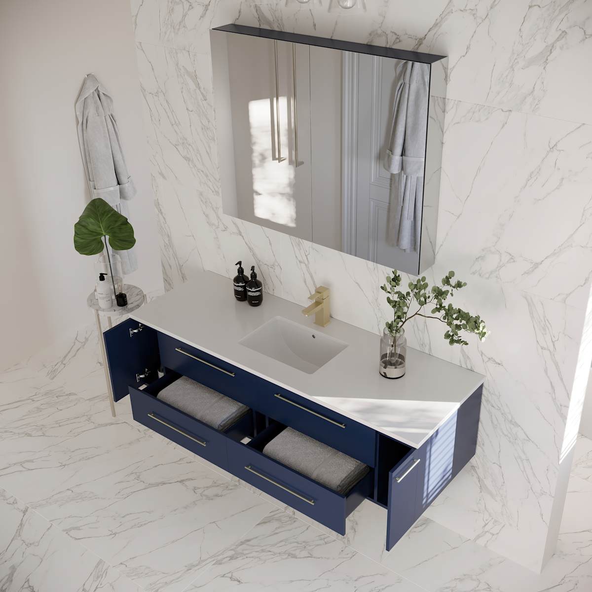 Lucera 60" Wall Mounted Single Basin Vanity Set with Cabinet, Quartz Vanity Top, and Medicine Cabinet
