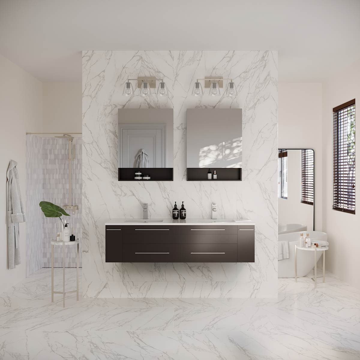 Lucera 60" Wall Mounted Double Basin Vanity Set with Cabinet, Quartz Vanity Top, and Medicine Cabinets