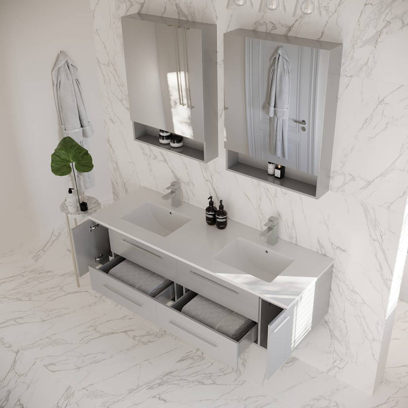 Lucera 60" Wall Mounted Double Basin Vanity Set with Cabinet, Quartz Vanity Top, and Medicine Cabinets - image 9