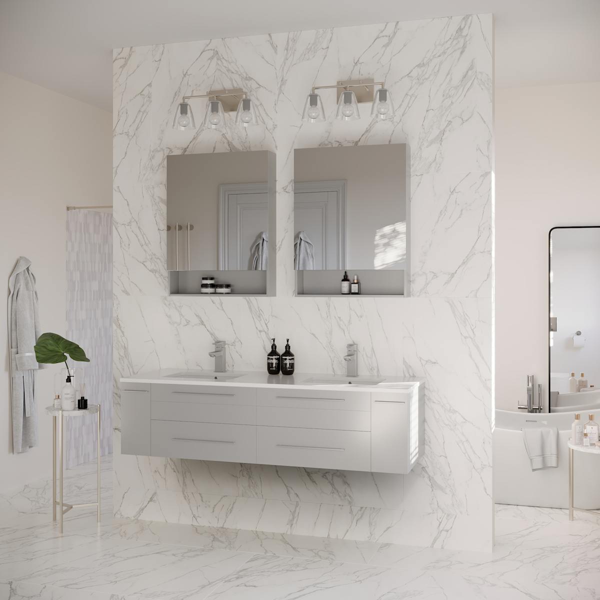 Lucera 60" Wall Mounted Double Basin Vanity Set with Cabinet, Quartz Vanity Top, and Medicine Cabinets - image 10
