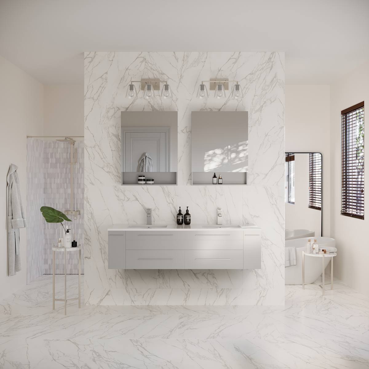 Lucera 60" Wall Mounted Double Basin Vanity Set with Cabinet, Quartz Vanity Top, and Medicine Cabinets