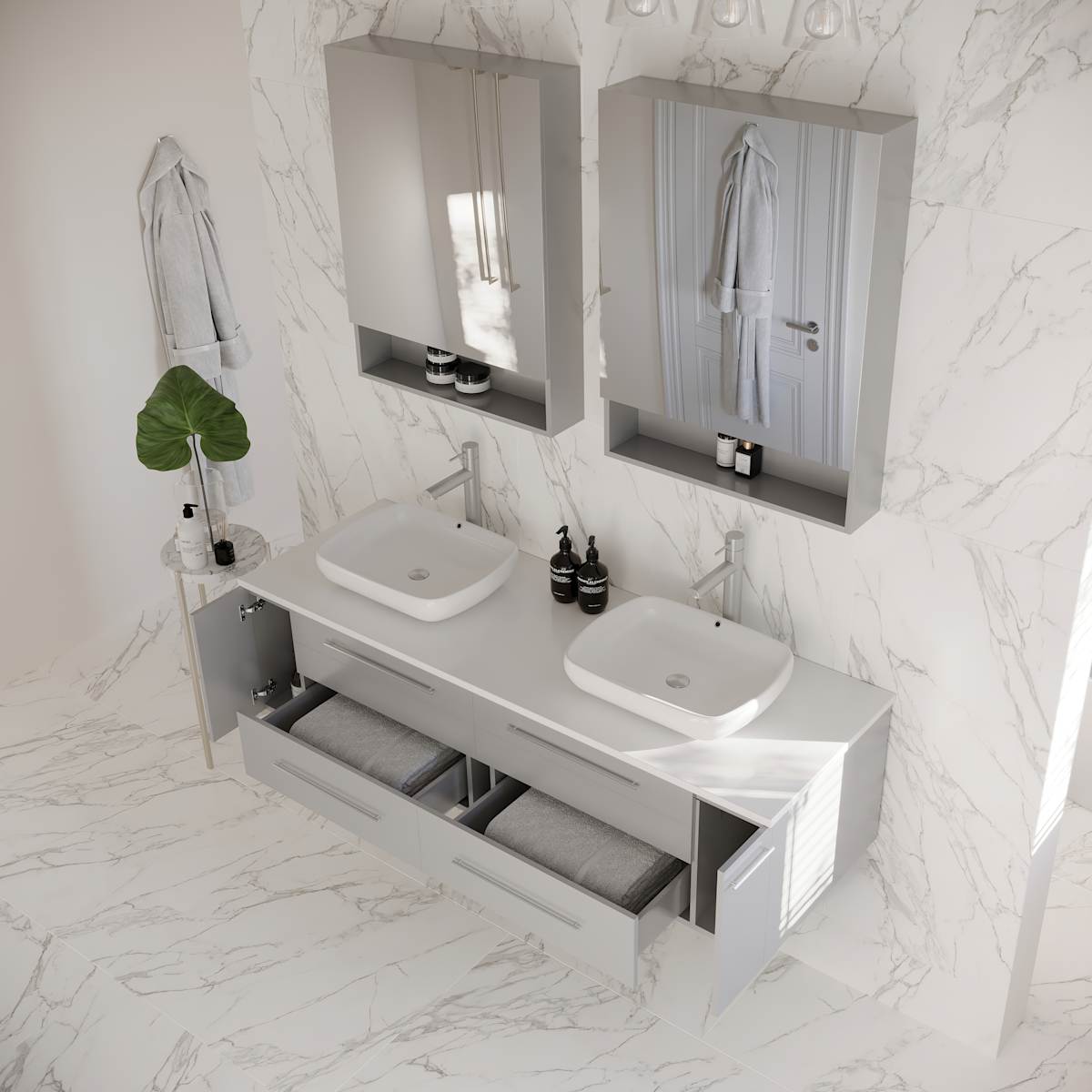 Lucera 60" Wall Mounted Double Basin Vanity Set with Cabinet, Quartz Vanity Top, and Medicine Cabinets