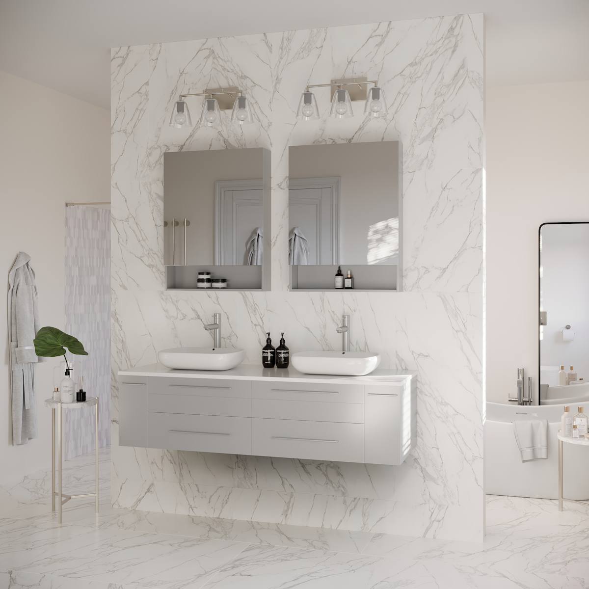 Lucera 60" Wall Mounted Double Basin Vanity Set with Cabinet, Quartz Vanity Top, and Medicine Cabinets