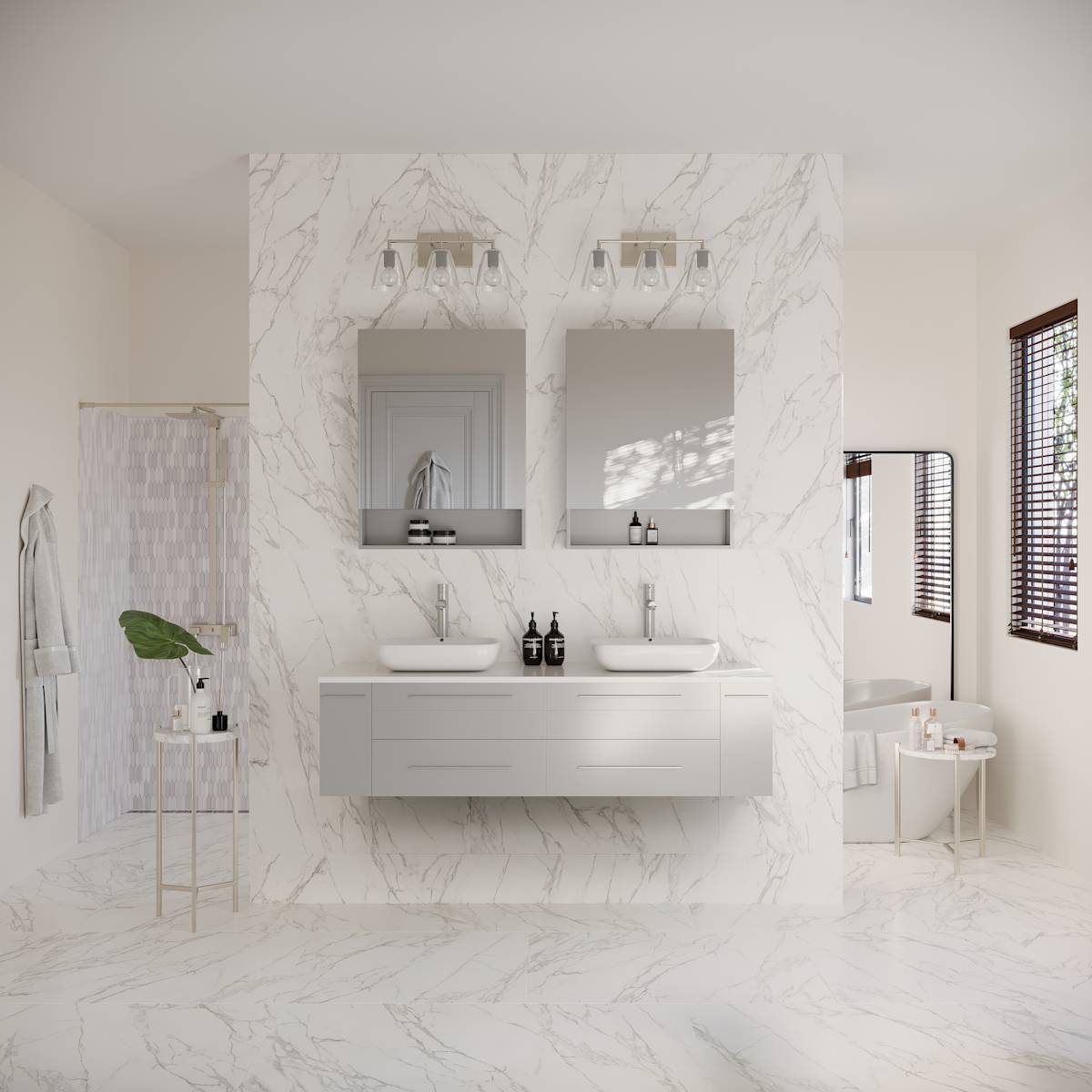 Lucera 60" Wall Mounted Double Basin Vanity Set with Cabinet, Quartz Vanity Top, and Medicine Cabinets