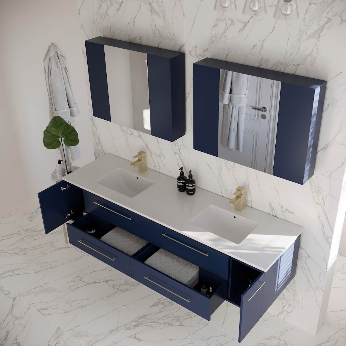 Lucera 72" Wall Mounted Double Basin Vanity Set with Cabinet, Quartz Vanity Top, and Medicine Cabinets