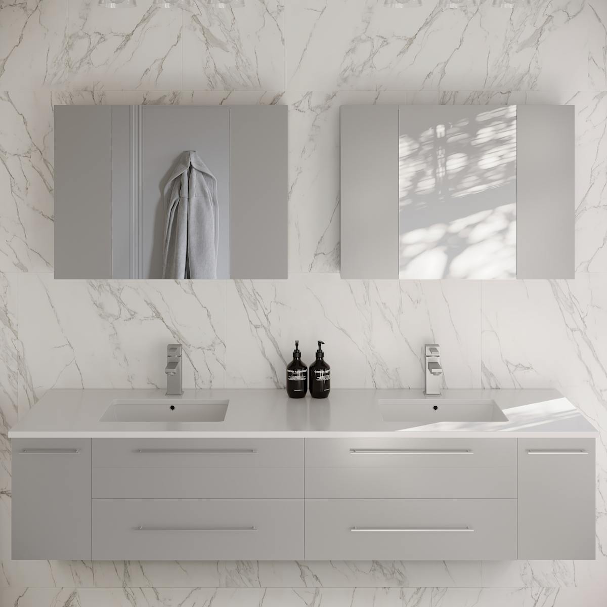 Lucera 72" Wall Mounted Double Basin Vanity Set with Cabinet, Quartz Vanity Top, and Medicine Cabinets
