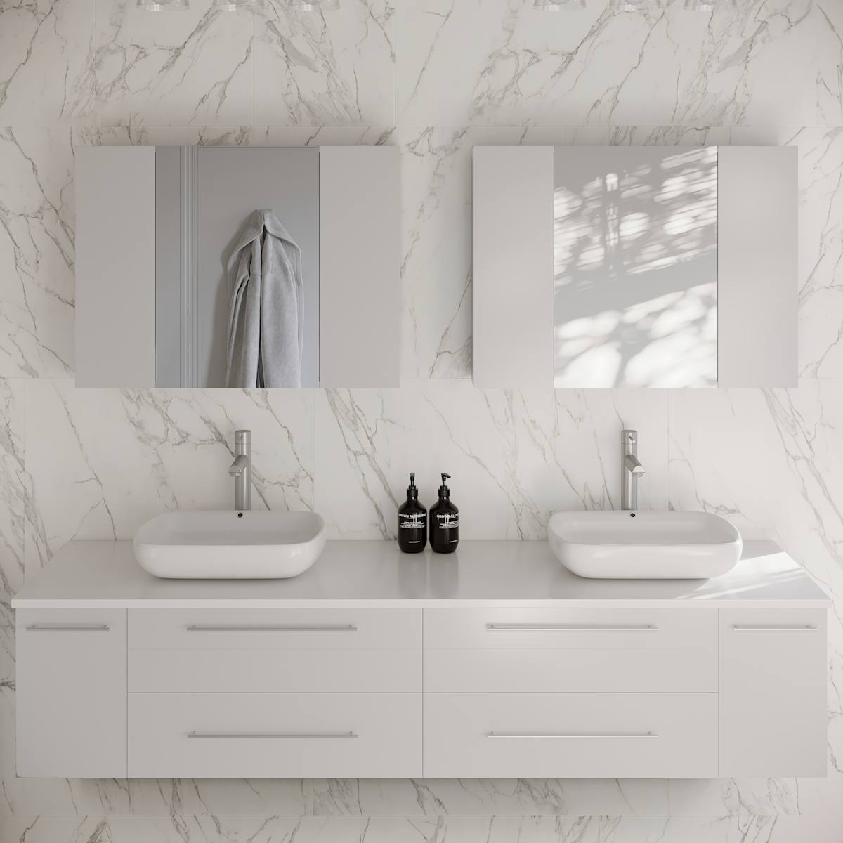 Lucera 72" Wall Mounted Double Basin Vanity Set with Cabinet, Quartz Vanity Top, and Medicine Cabinet