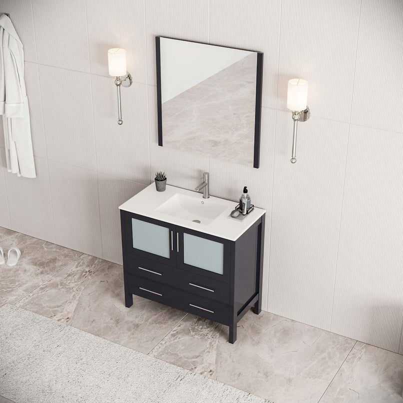 Torino 36" Free Standing Single Basin Vanity Set with Cabinet, Ceramic Vanity Top, and Framed Mirror - image 5