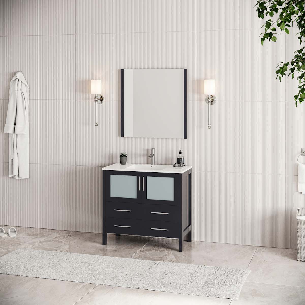 Torino 36" Free Standing Single Basin Vanity Set with Cabinet, Ceramic Vanity Top, and Framed Mirror
