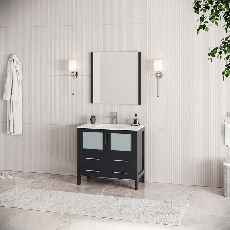 Torino 36" Free Standing Single Basin Vanity Set with Cabinet, Ceramic Vanity Top, and Framed Mirror - image 6
