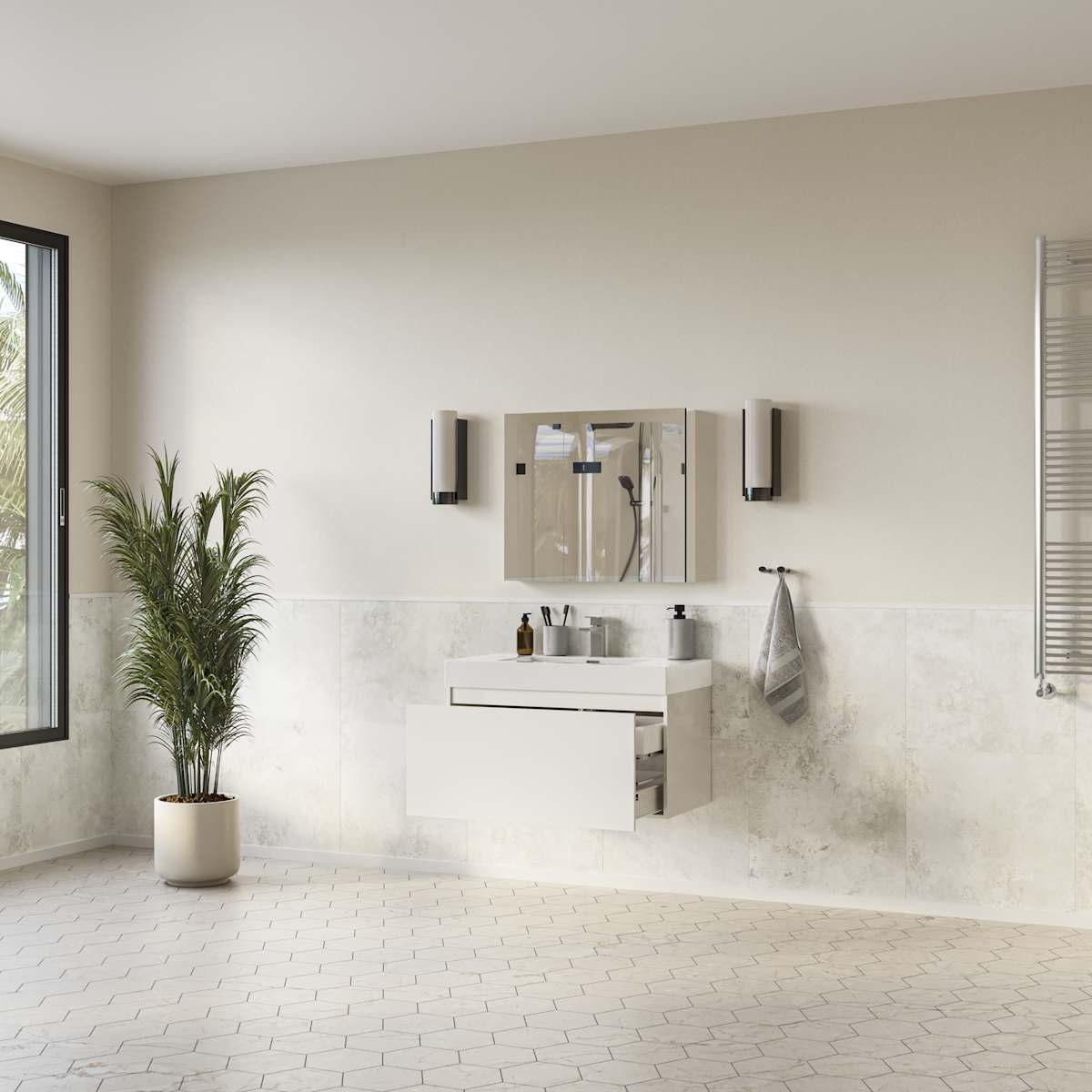 Mezzo 36" Wall Mounted Single Basin Vanity Set with Cabinet, Acrylic Vanity Top, and Medicine Cabinet