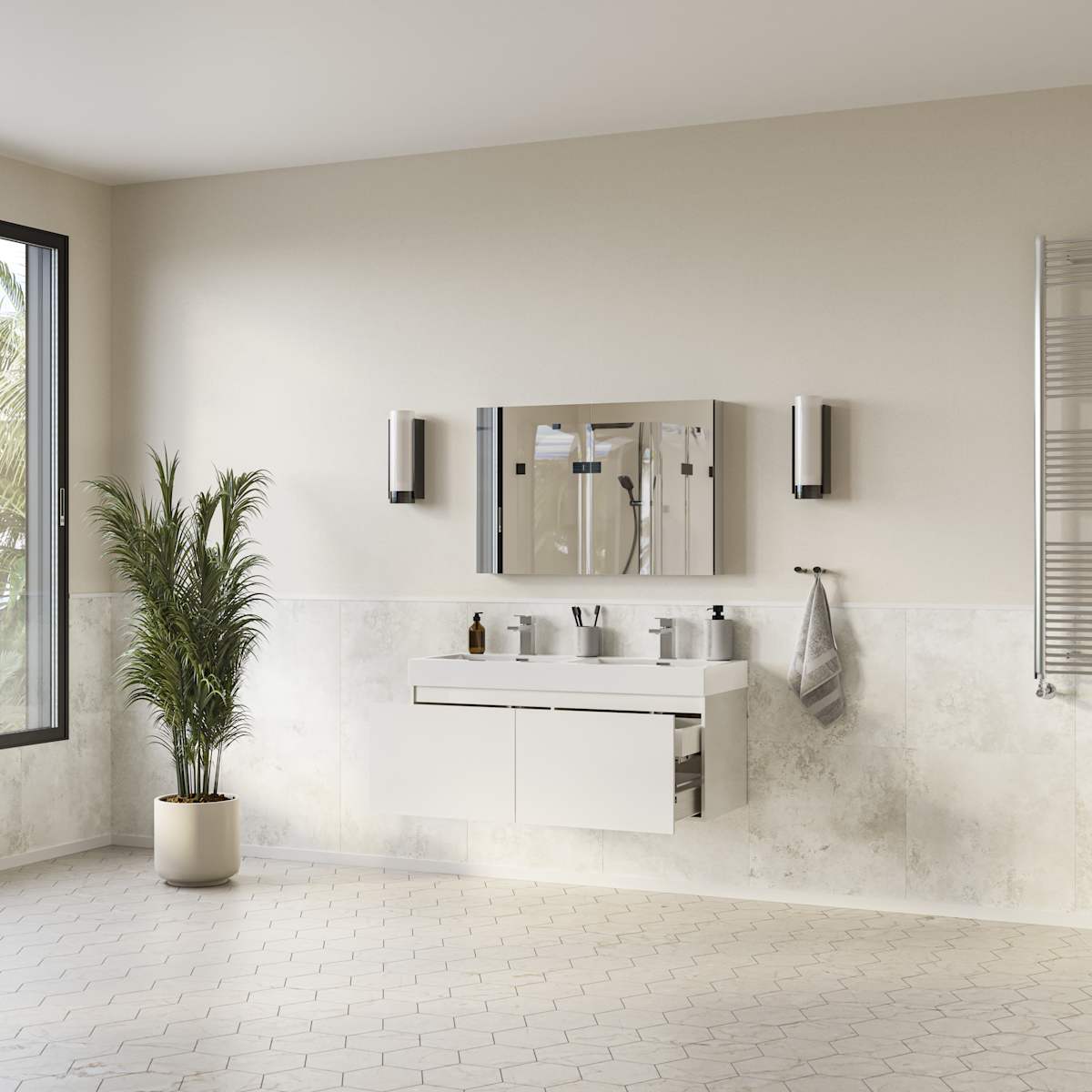 Mezzo 48" Wall Mounted Double Basin Vanity Set with Cabinet, Acrylic Vanity Top, and Medicine Cabinet