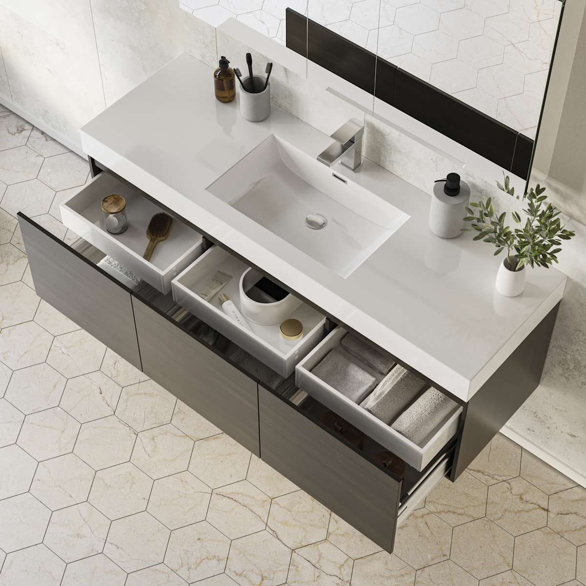 Mezzo 60" Wall Mounted Single Basin Vanity Set with Cabinet, Acrylic Vanity Top, and Medicine Cabinet
