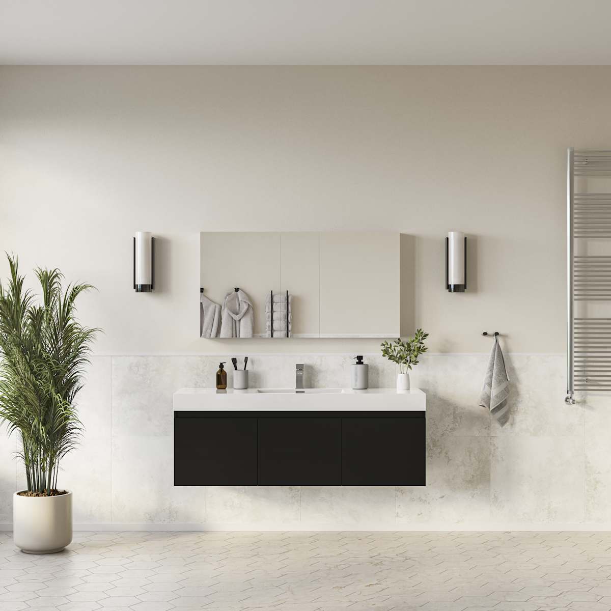 Mezzo 60" Wall Mounted Single Basin Vanity Set with Cabinet, Acrylic Vanity Top, and Medicine Cabinet