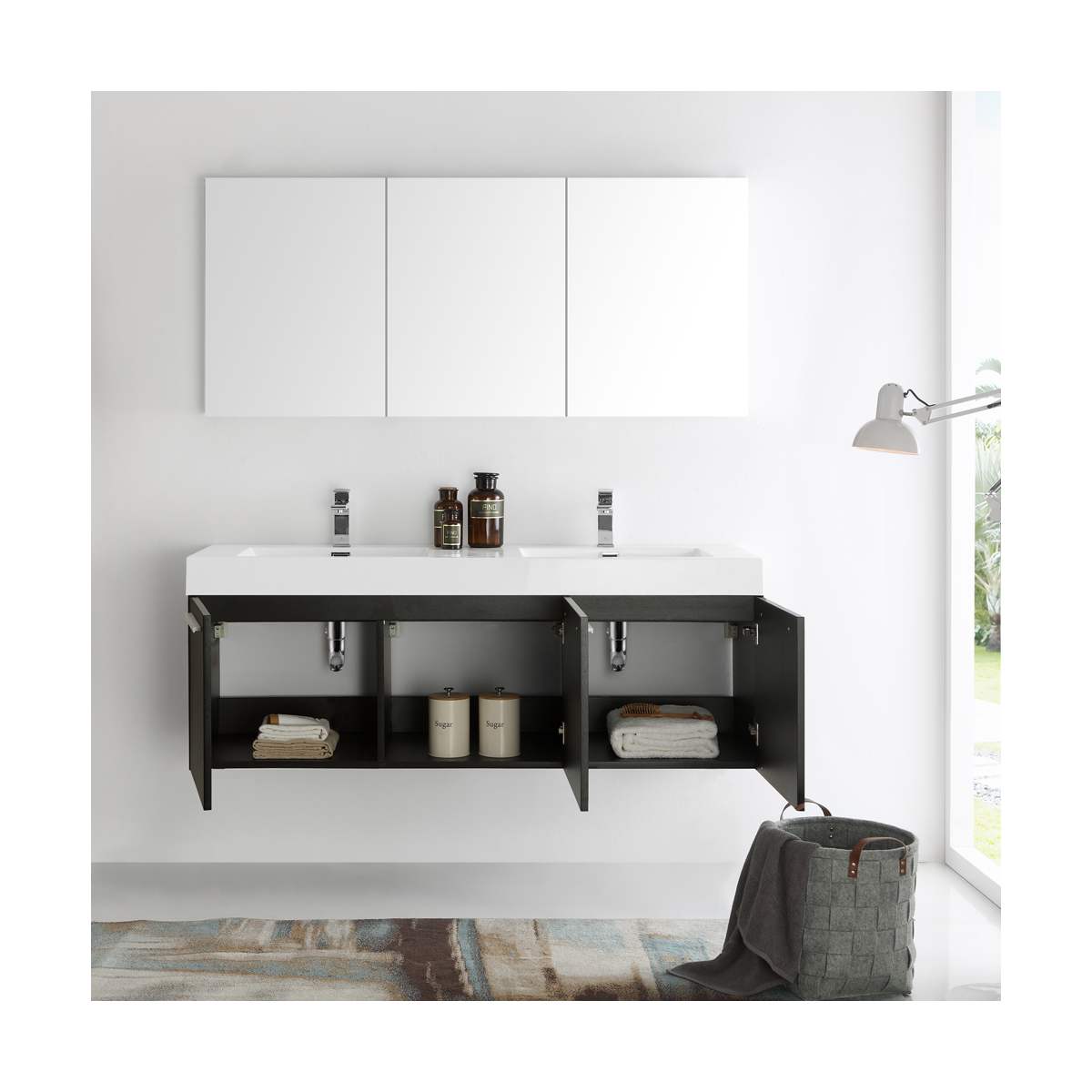 Vista 59" Wall Mounted Double Basin Vanity Set with Cabinet, Acrylic Vanity Top, and Medicine Cabinet - image 15