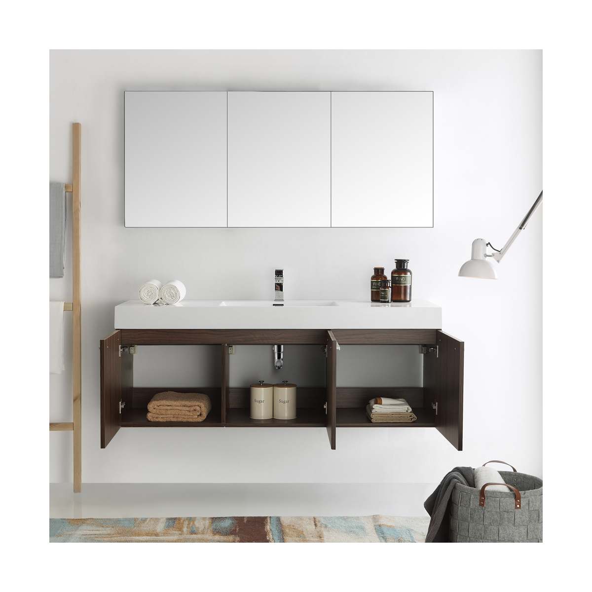 Vista 59" Wall Mounted Single Basin Vanity Set with Cabinet, Acrylic Vanity Top, and Medicine Cabinet
