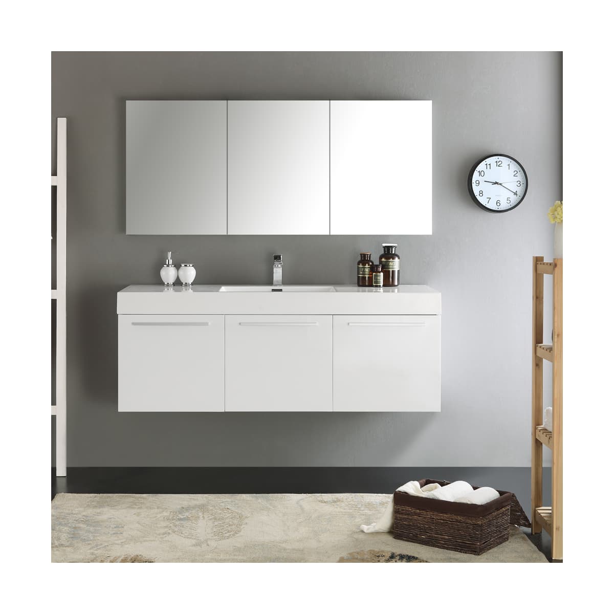Vista 59" Wall Mounted Single Basin Vanity Set with Cabinet, Acrylic Vanity Top, and Medicine Cabinet