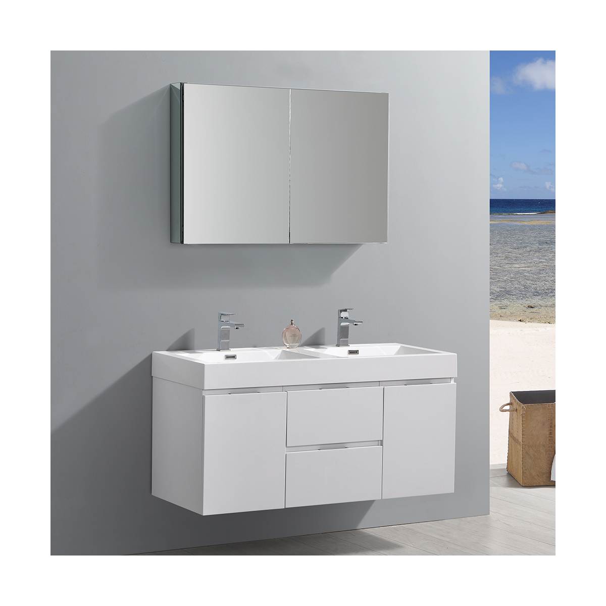 Valencia 48" Wall Mounted Double Basin Vanity Set with Cabinet, Acrylic Vanity Top, and Medicine Cabinet