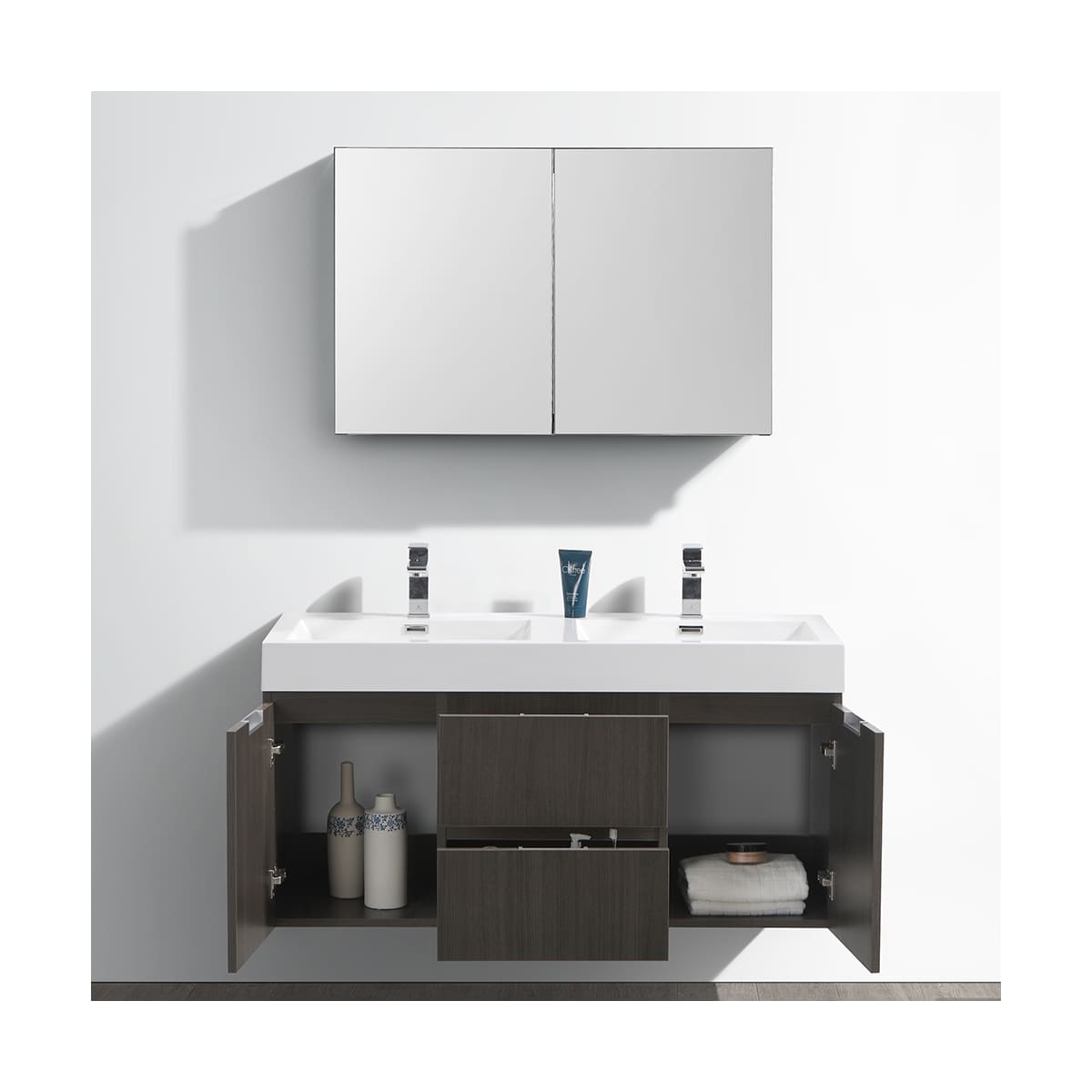 Valencia 48" Wall Mounted Double Basin Vanity Set with Cabinet, Acrylic Vanity Top, and Medicine Cabinet
