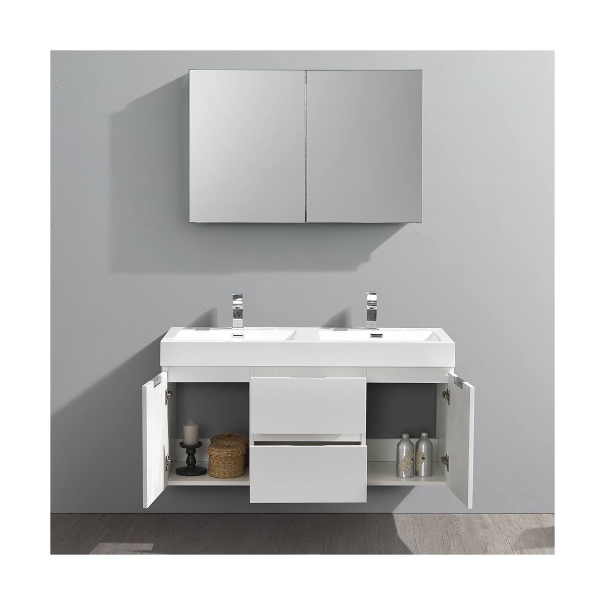 Valencia 48" Wall Mounted Double Basin Vanity Set with Cabinet, Acrylic Vanity Top, and Medicine Cabinet