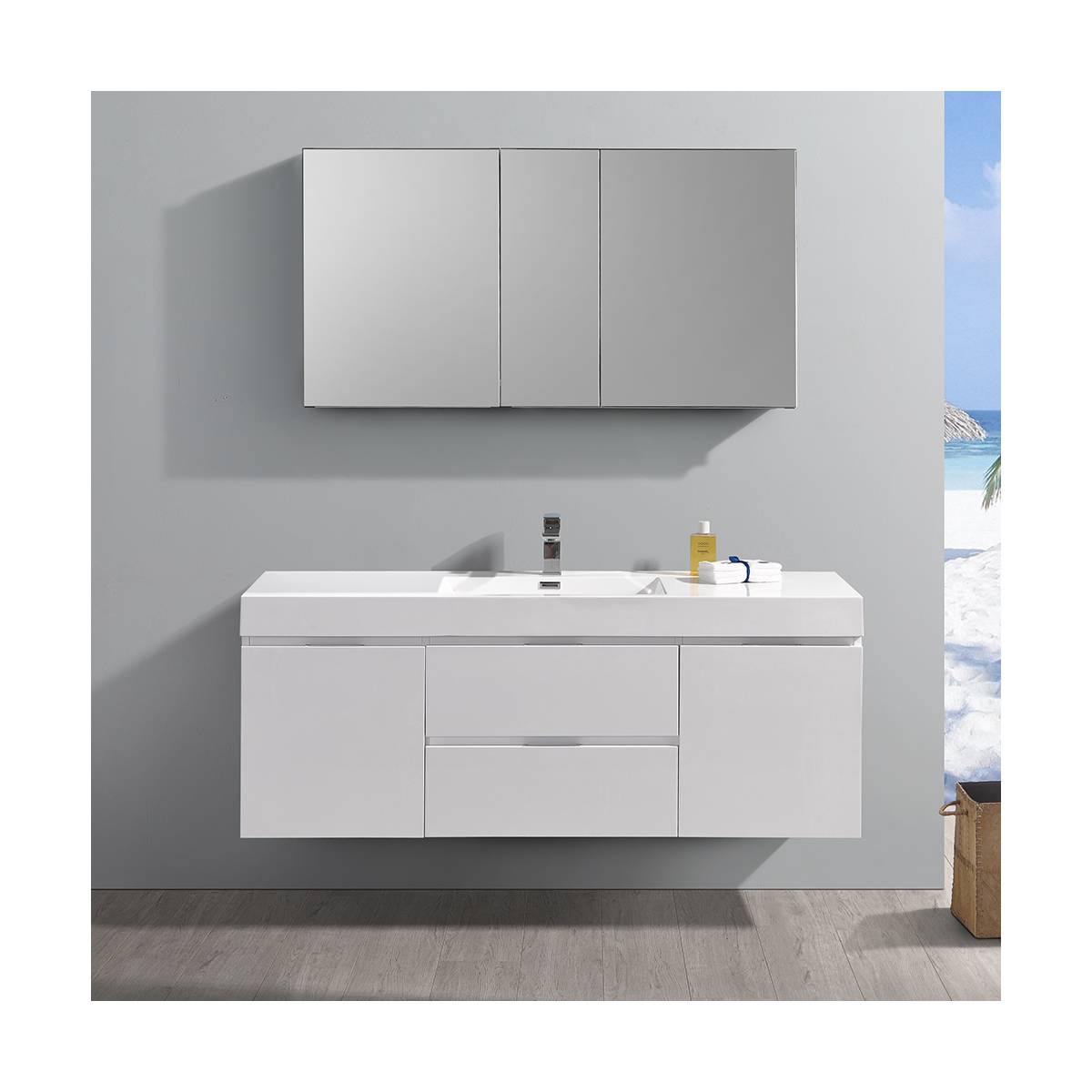 Valencia 60" Wall Mounted Single Basin Vanity Set with Cabinet, Acrylic Vanity Top, and Medicine Cabinet