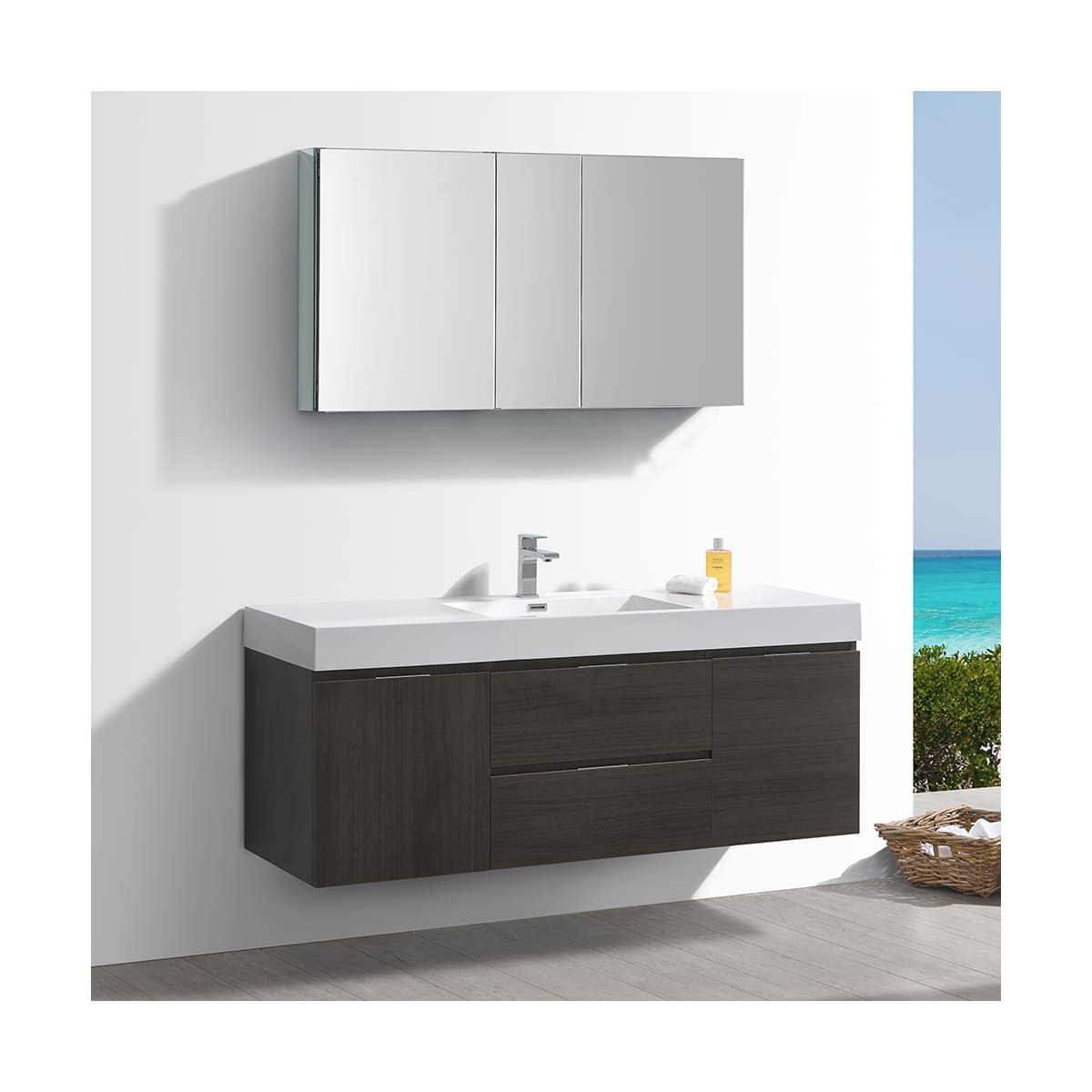 Valencia 60" Wall Mounted Single Basin Vanity Set with Cabinet, Acrylic Vanity Top, and Medicine Cabinet