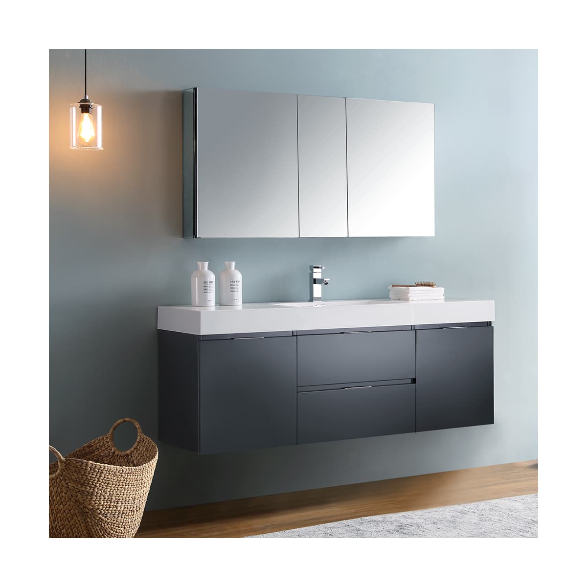 Valencia 60" Wall Mounted Single Basin Vanity Set with Cabinet, Acrylic Vanity Top, and Medicine Cabinet