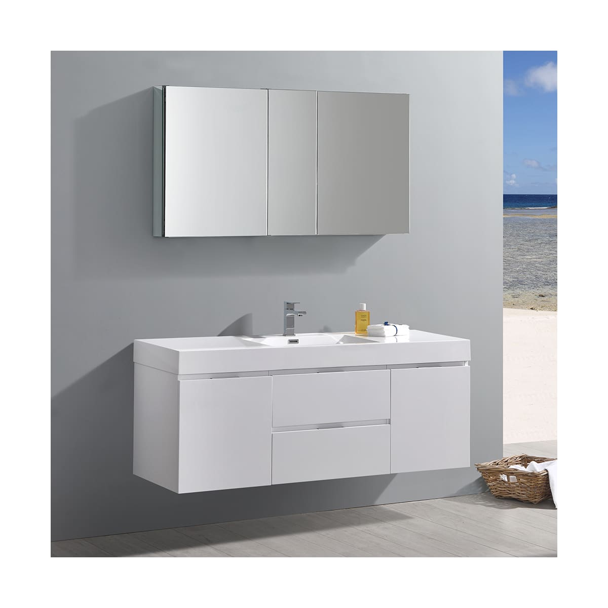 Valencia 60" Wall Mounted Single Basin Vanity Set with Cabinet, Acrylic Vanity Top, and Medicine Cabinet