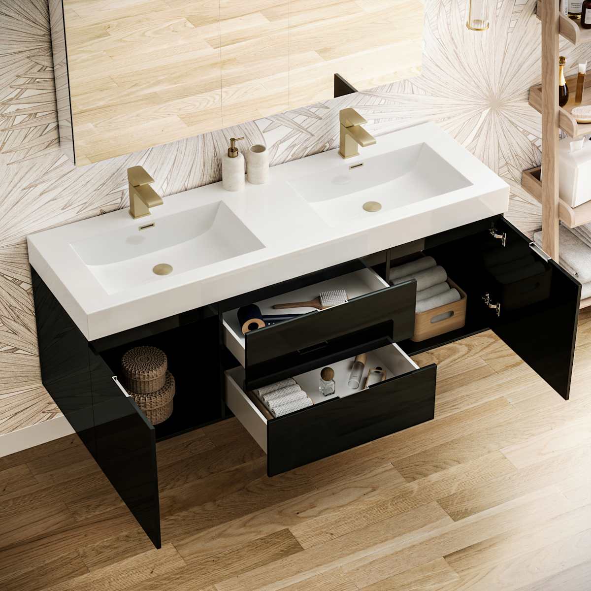 Valencia 60" Wall Mounted Double Basin Vanity Set with Cabinet, Acrylic Vanity Top, and Medicine Cabinet