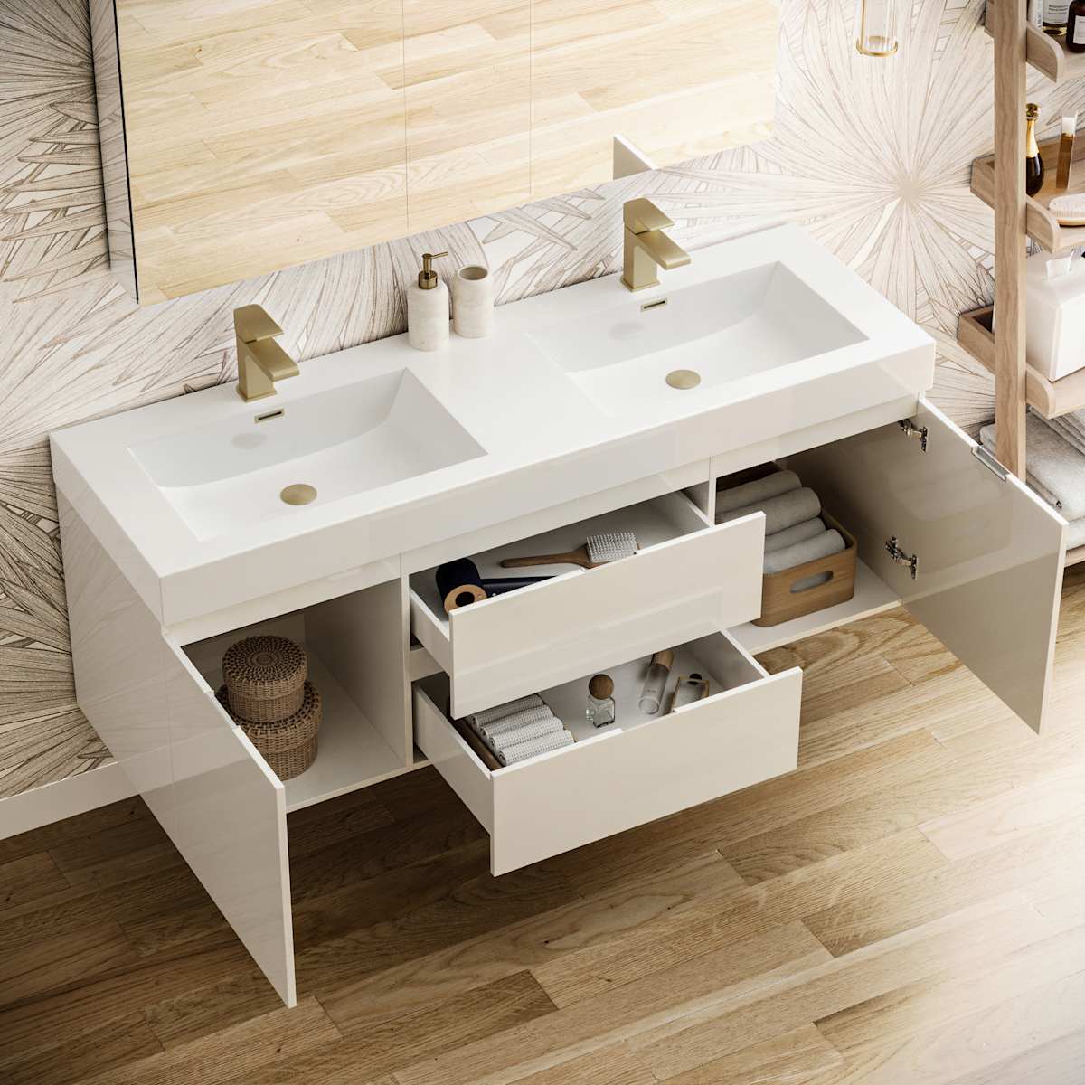 Valencia 60" Wall Mounted Double Basin Vanity Set with Cabinet, Acrylic Vanity Top, and Medicine Cabinet