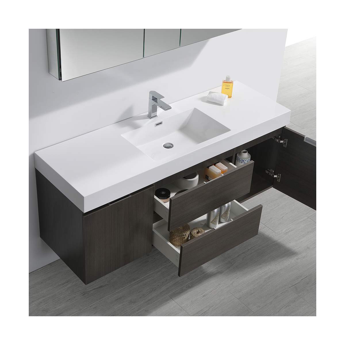Valencia 60" Wall Mounted Single Basin Vanity Set with Cabinet, Acrylic Vanity Top, and Medicine Cabinet