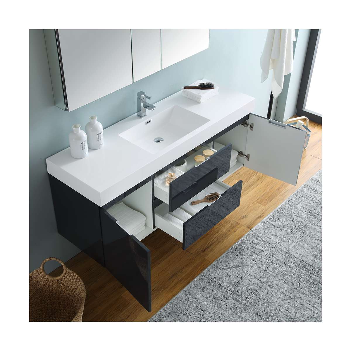 Valencia 60" Wall Mounted Single Basin Vanity Set with Cabinet, Acrylic Vanity Top, and Medicine Cabinet - image 5