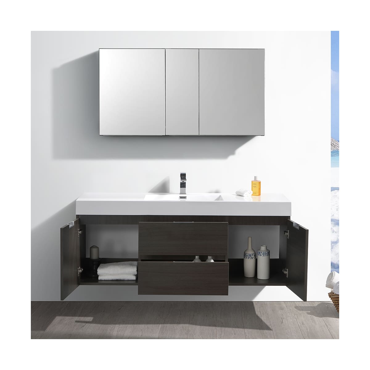 Valencia 60" Wall Mounted Single Basin Vanity Set with Cabinet, Acrylic Vanity Top, and Medicine Cabinet