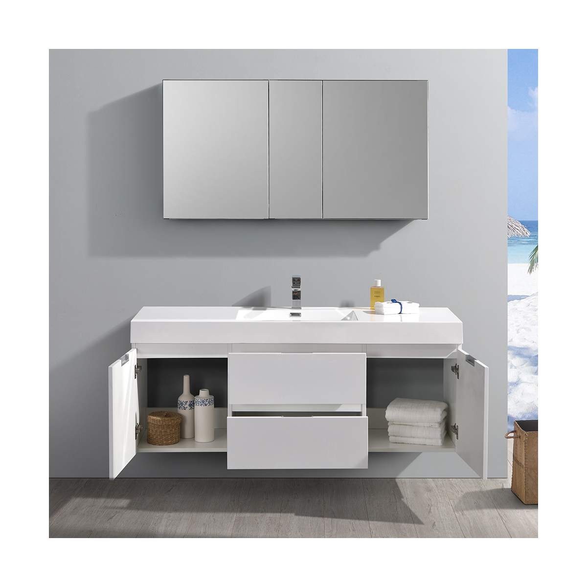 Valencia 60" Wall Mounted Single Basin Vanity Set with Cabinet, Acrylic Vanity Top, and Medicine Cabinet