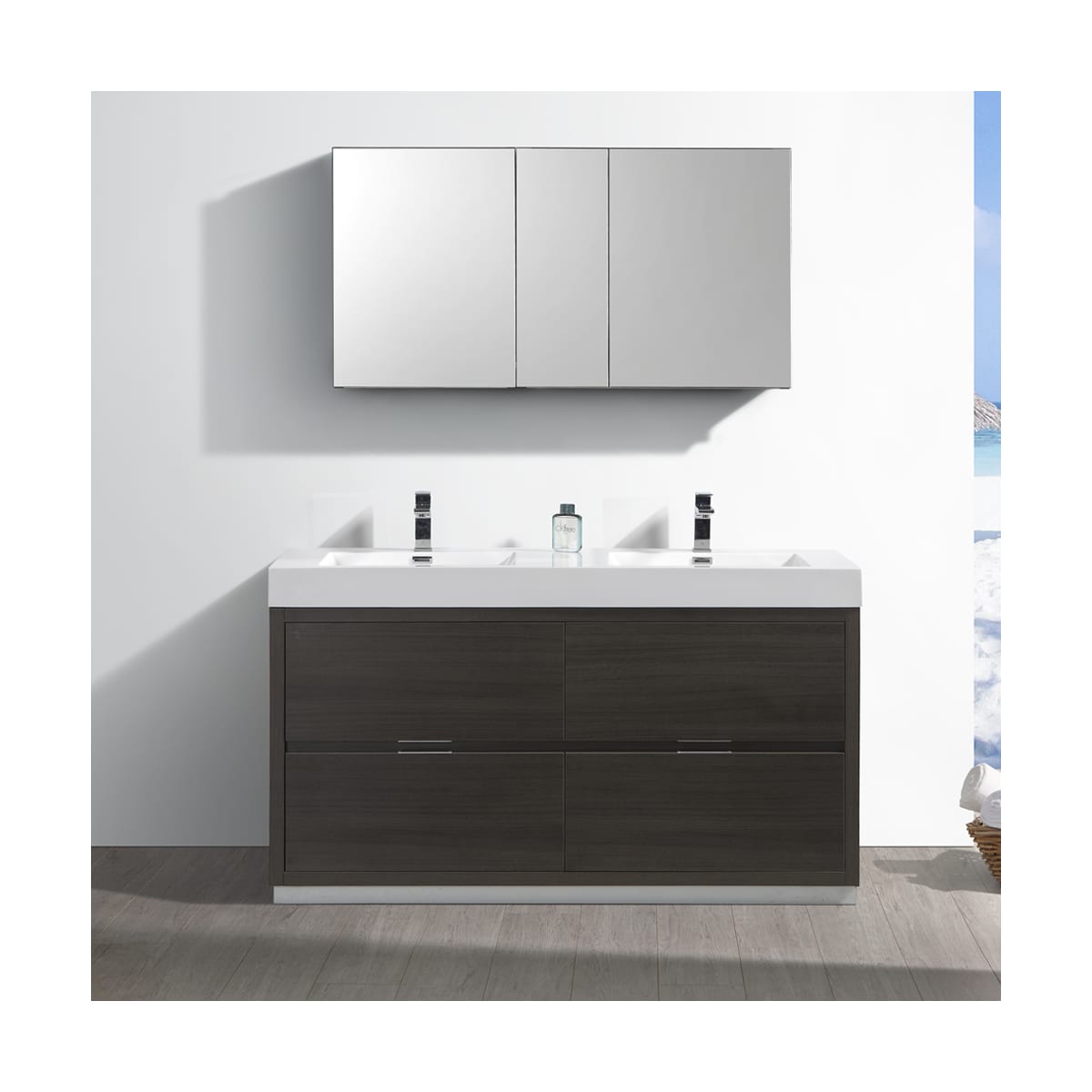 Valencia 60" Free Standing Double Basin Vanity Set with Cabinet, Acrylic Vanity Top, and Medicine Cabinet