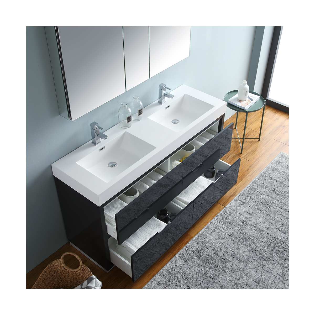 Valencia 60" Free Standing Double Basin Vanity Set with Cabinet, Acrylic Vanity Top, and Medicine Cabinet