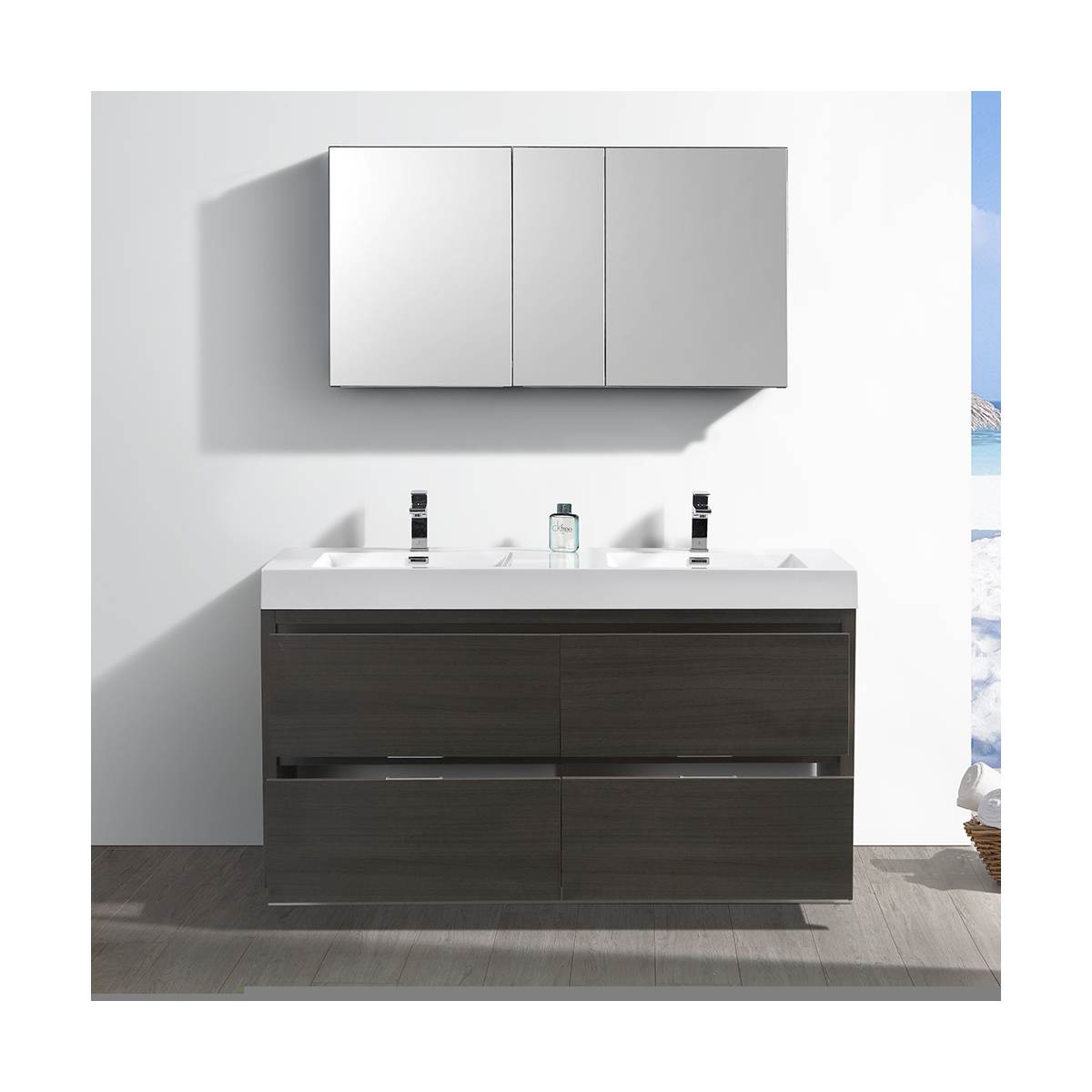 Valencia 60" Free Standing Double Basin Vanity Set with Cabinet, Acrylic Vanity Top, and Medicine Cabinet