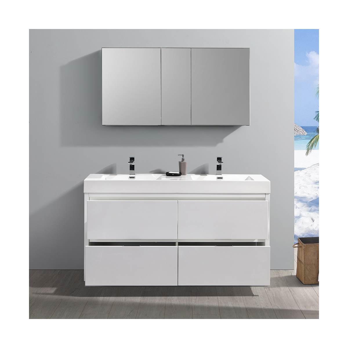 Valencia 60" Free Standing Double Basin Vanity Set with Cabinet, Acrylic Vanity Top, and Medicine Cabinet